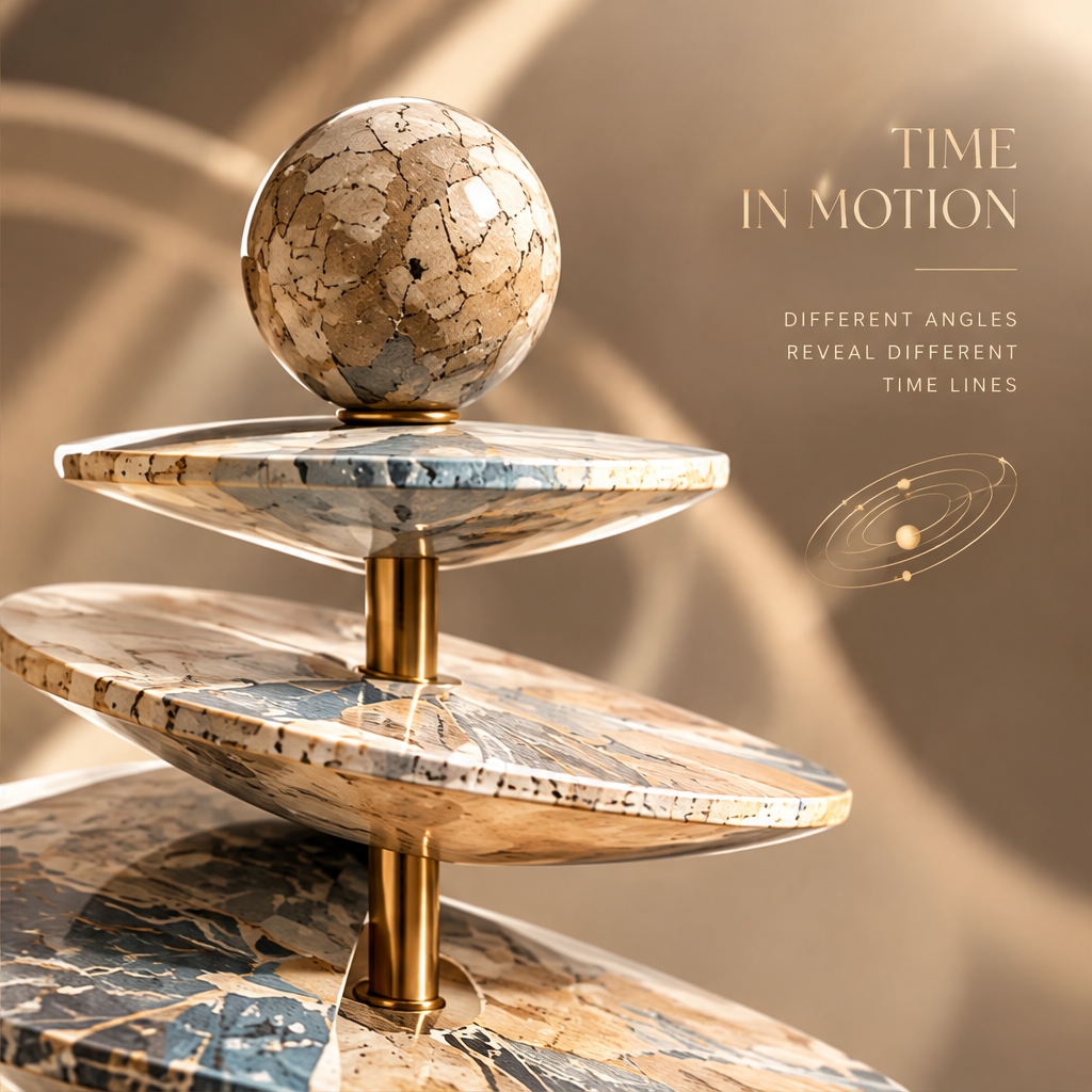 A CYCLE OF TIME – The Same Center Different Layers Infinite Possibilities. Three icons: orbital, hourglass, concentric rings. High overhead bird’s-eye view of all eight elliptical marble discs radiating from brass axis and travertine base in warm raking morning sidelight