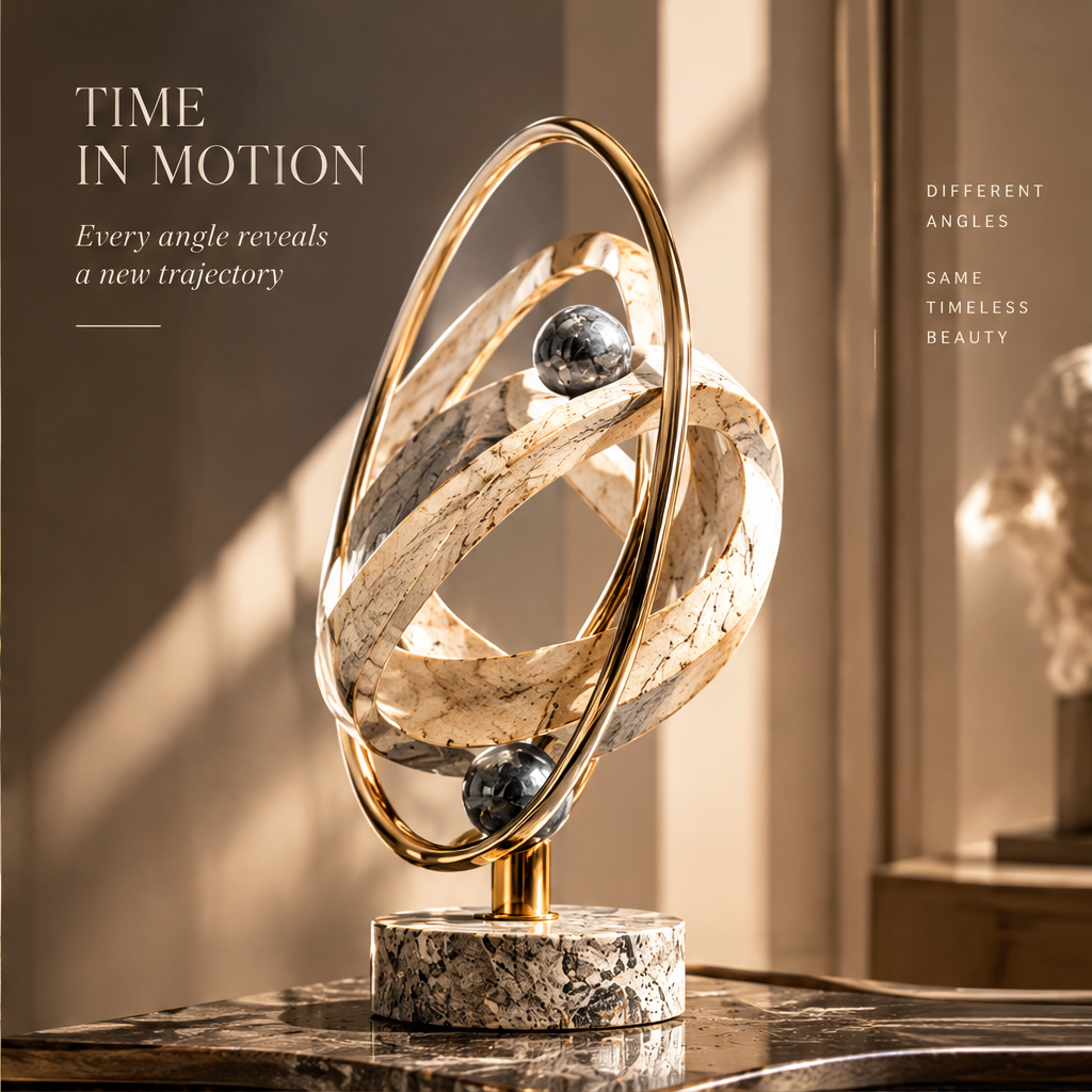 TIME IN MOTION – Every angle reveals a new trajectory. DIFFERENT ANGLES, SAME TIMELESS BEAUTY. Side-angle view of Eternal Trajectory on grey travertine disc base on dark marble surface in warm amber interior with strong raking window sidelight and glass sculpture visible in soft-focus background