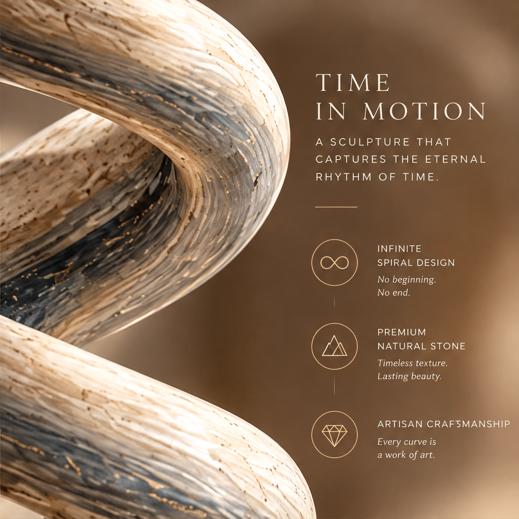 MULTIPLE ANGLES ONE ETERNAL FORM – Every perspective reveals a new rhythm of time. Four views of The Endless Spiral: Front, Left, Right, Back. All on flat travertine disc base on warm travertine surface in warm dappled morning light