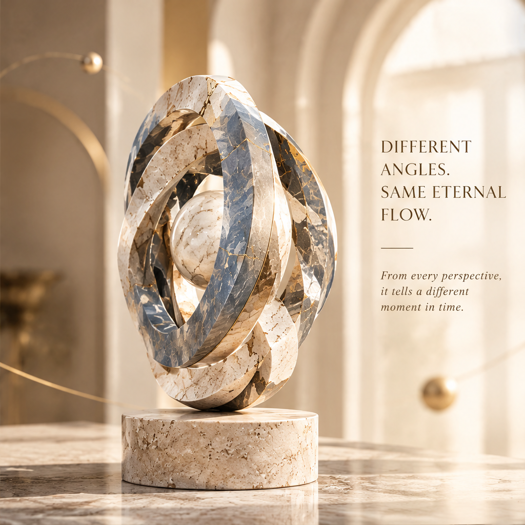 DIFFERENT ANGLES. SAME ETERNAL FLOW. – From every perspective, it tells a different moment in time. Side-angle view of The Multi-Temporal Ring on travertine plinth in warm arched gallery with gold sphere and orbital arc in background