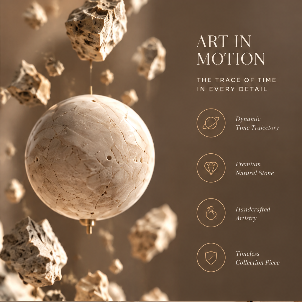 TIME IN A FRAGMENT – Abstract stone sculpture with floating sphere and rock fragments against arched corridor background