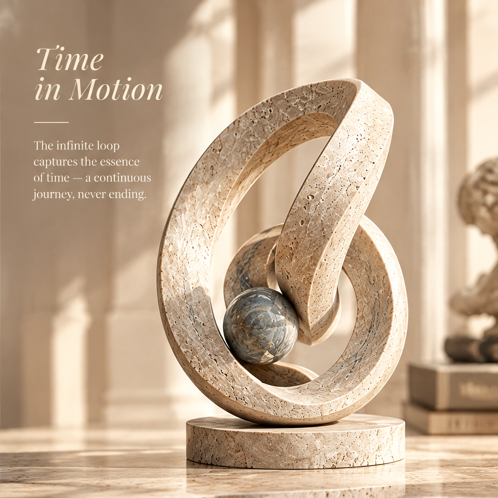 FROM EVERY ANGLE A NEW STORY – A sculptural masterpiece that transforms space and time. Front view (large) plus Left View, Back View, Top View (three smaller panels) of Infinite Return Ring with blue-grey marble sphere on travertine base in warm arched gallery