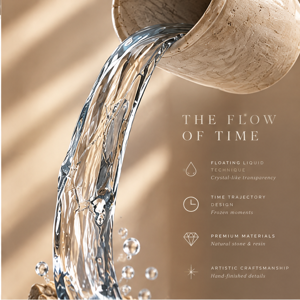 THE FLOW OF TIME – Floating Liquid Technique (Crystal-like transparency), Time Trajectory Design (Frozen moments), Premium Materials (Natural stone & resin), Artistic Craftsmanship (Hand-finished details). Close-up of crystal water stream