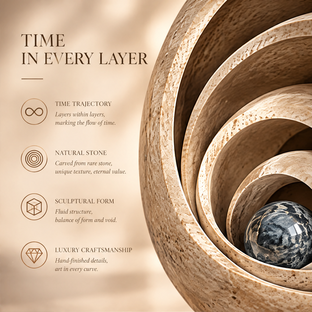 TIME IN EVERY LAYER – Time Trajectory (Layers within layers, marking the flow of time.), Natural Stone (Carved from rare stone, unique texture, eternal value.), Sculptural Form (Fluid structure, balance of form and void.), Luxury Craftsmanship (Hand-finished details, art in every curve.). Extreme close-up macro of four concentric travertine spiral rings with polished blue-grey marble sphere at innermost point in warm raking sidelight