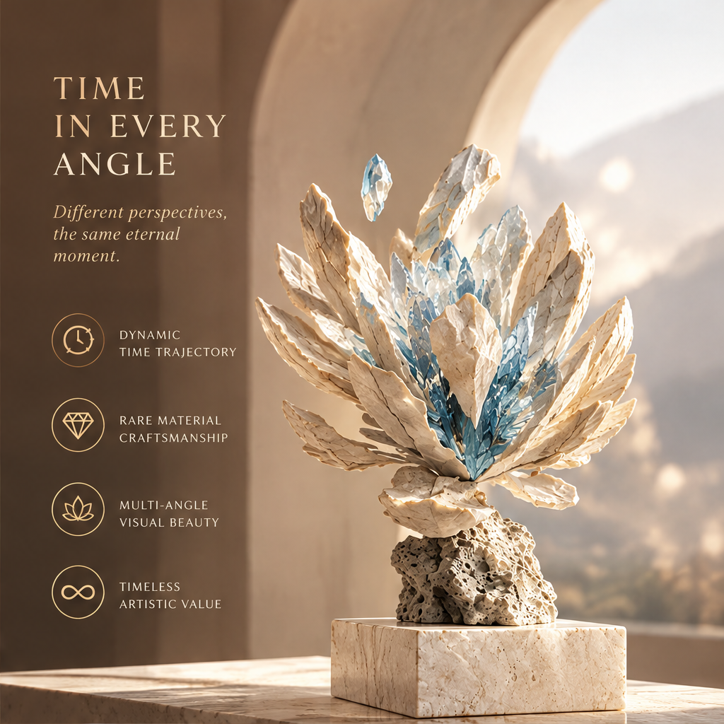 TIME IN EVERY ANGLE – Different perspectives, the same eternal moment. Features: Dynamic Time Trajectory, Rare Material Craftsmanship, Multi-Angle Visual Beauty, Timeless Artistic Value. Side view in arched window light