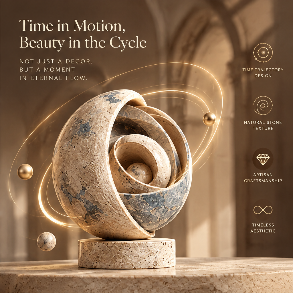 MULTI-ANGLE VIEWS – Different angles, same eternal essence. Four views of Inner-Outer Cycle Shell: Front View (spiral open face with three layers and centre sphere), Side View (closed rear hemisphere with spiral entry visible), Top View (three concentric spiral arcs around centre sphere), Rear View (complete closed egg-shaped exterior). All on travertine disc base in warm classical gallery