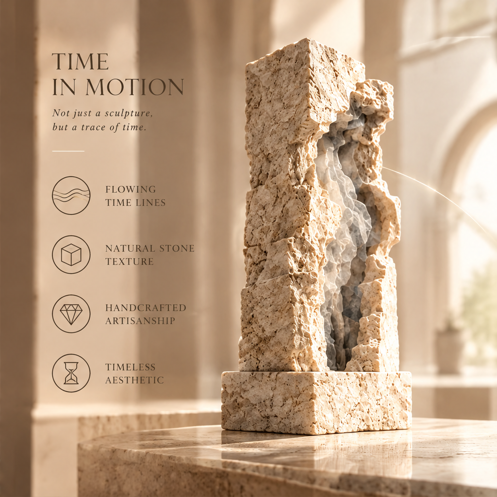 TIME IN MOTION – Not just a sculpture, but a trace of time. Flowing Time Lines, Natural Stone Texture, Handcrafted Artisanship, Timeless Aesthetic. Side view with four icon callouts in warm arched interior with garden window light