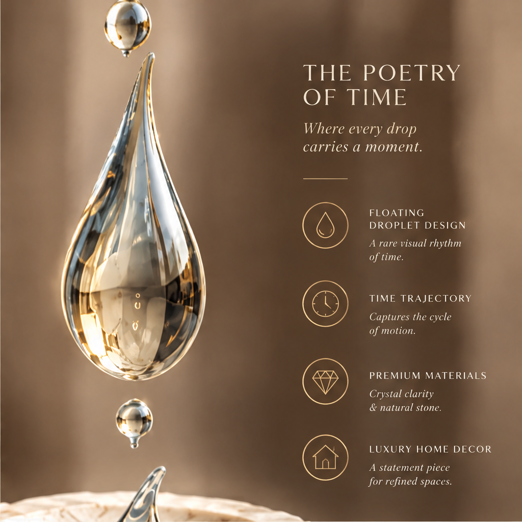 THE POETRY OF TIME – Where every drop carries a moment. Floating Droplet Design (A rare visual rhythm of time), Time Trajectory (Captures the cycle of motion), Premium Materials (Crystal clarity & natural stone), Luxury Home Decor (A statement piece for refined spaces). Close-up of crystal teardrop