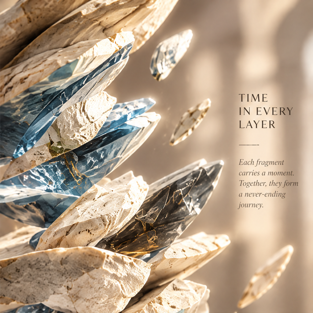 TIME IN EVERY LAYER – Each fragment carries a moment. Together, they form a never-ending journey. Close-up detail of blue crystal and stone leaf fragments in warm light