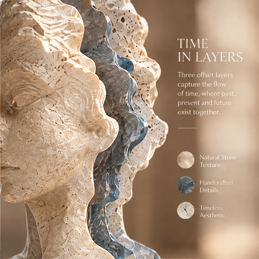 TIME IN LAYERS – Three offset layers capture the flow of time, where past, present and future exist together. Natural Stone Texture, Handcrafted Details, Timeless Aesthetic. Close-up side macro of layered stone profiles