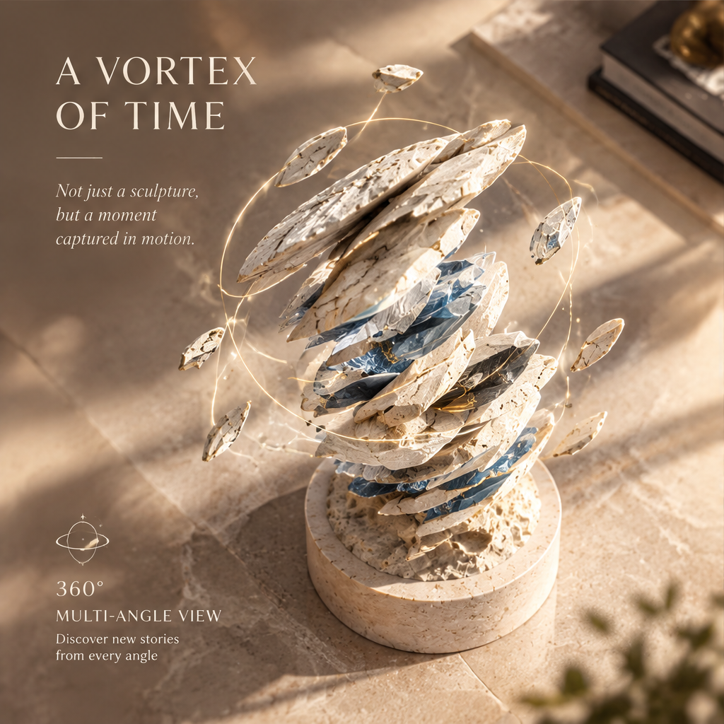 A VORTEX OF TIME – Not just a sculpture, but a moment captured in motion. 360° Multi-Angle View – Discover new stories from every angle. Top-down view of Flying Layers on marble surface
