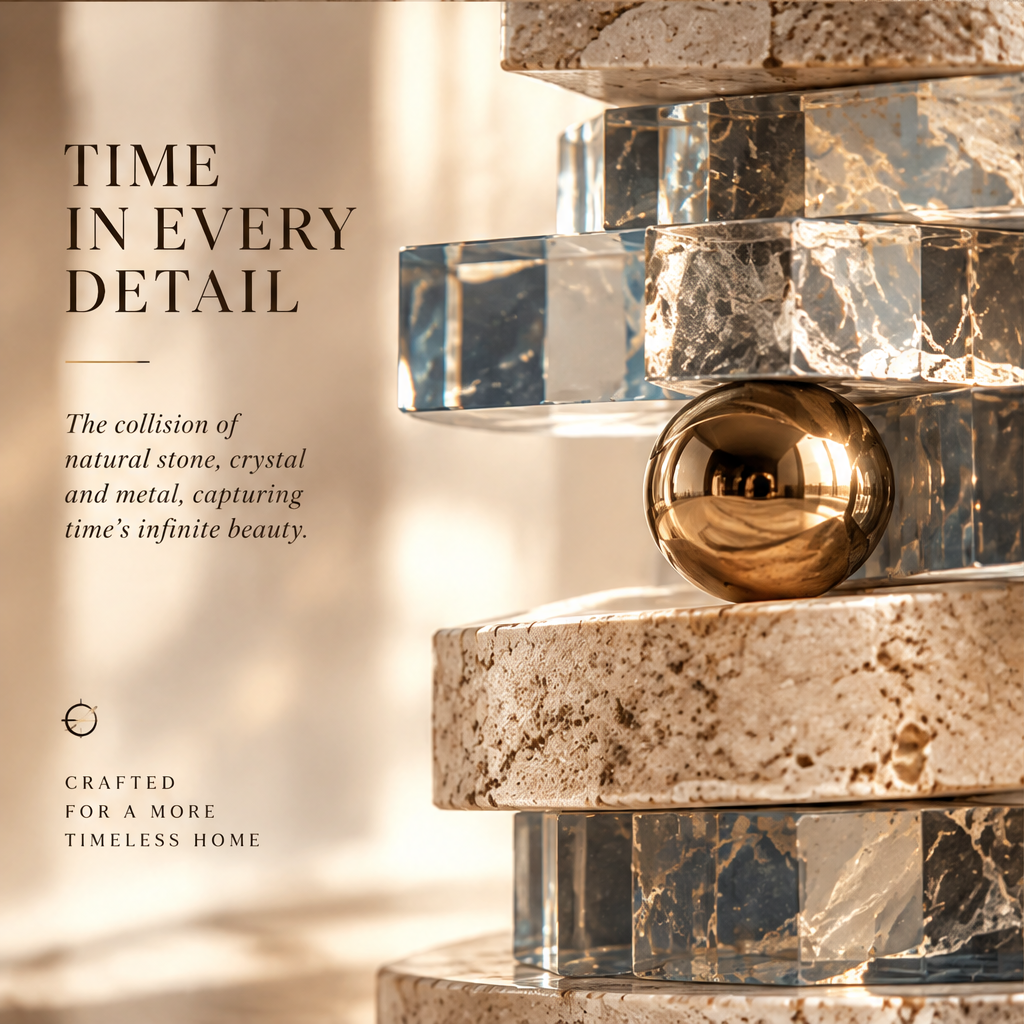 TIME IN LAYERS – Each slice holds a moment, together they form eternity. Layered Time Design (Interwoven layers represent the flow of time), Premium Natural Stone (Timeless texture, enduring beauty), Crystal & Metal Accents (Light, reflection and balance). Close-up top section of tower with golden orbital arc and clock face effect in dramatic warm studio light