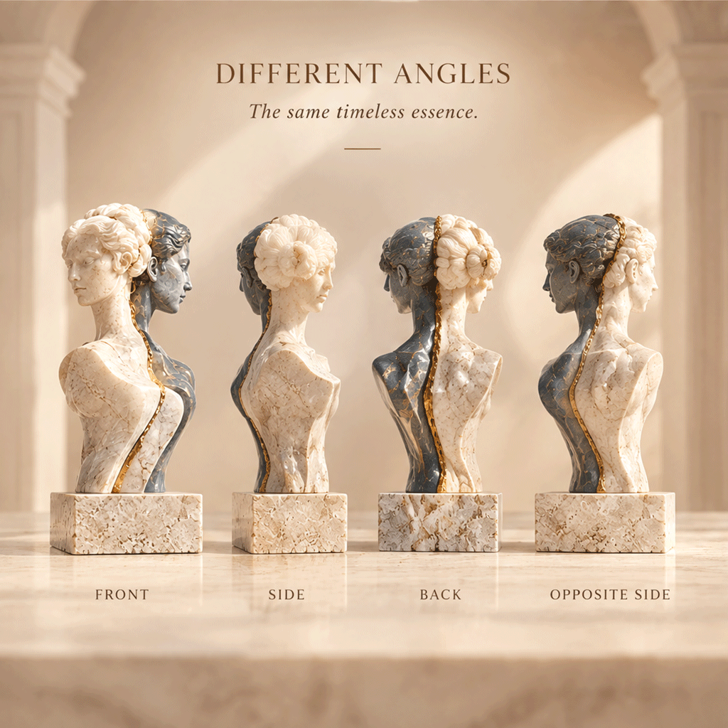 THE DUALITY OF TIME – Two souls. One existence. A timeless dialogue. Art Beyond Time. Full front and side view of dual-face marble bust with golden trace in warm arched arcade with soft focus greenery
