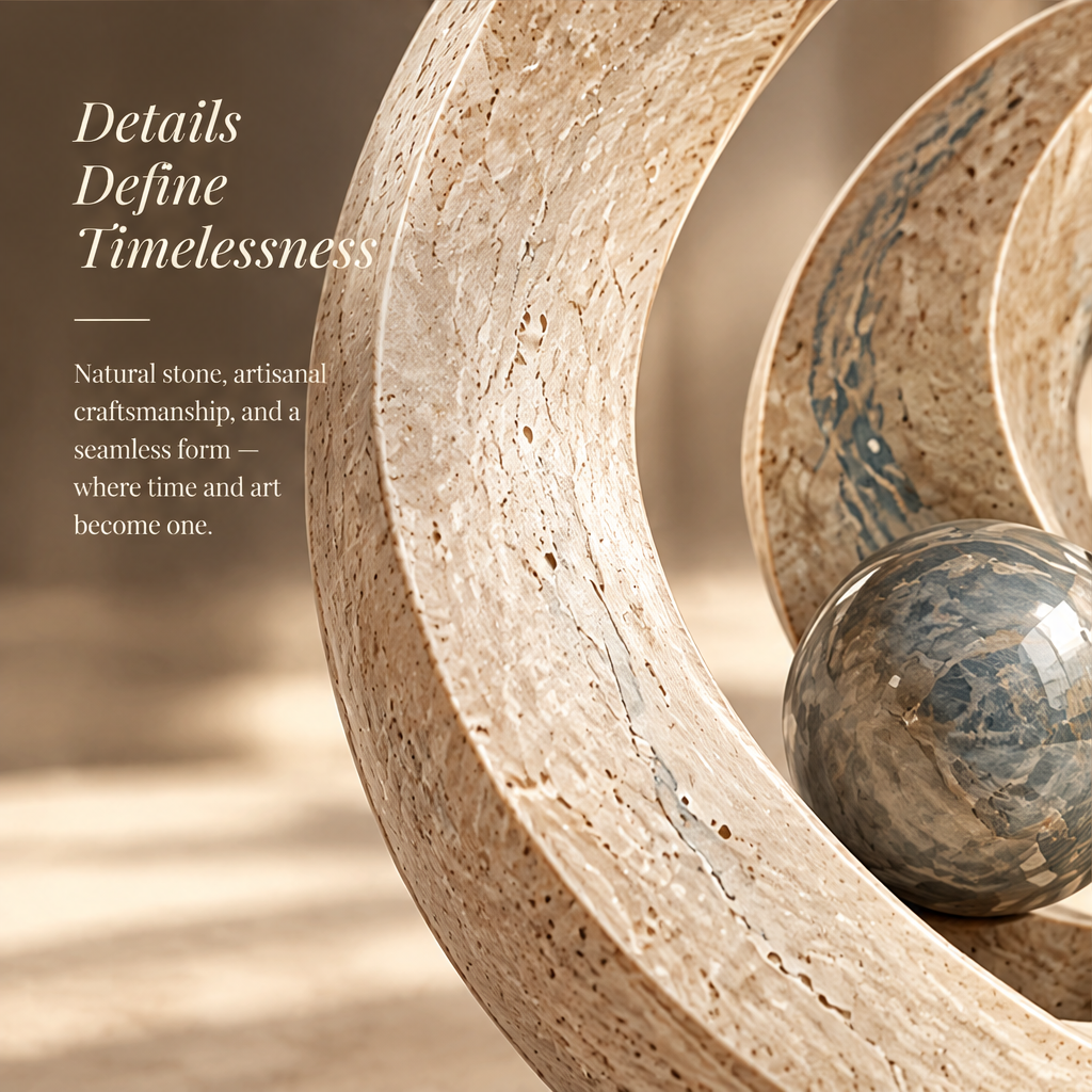 DETAILS DEFINE TIMELESSNESS – Natural stone, artisanal craftsmanship, and a seamless form — where time and art become one. Extreme close-up macro of porous warm travertine arc surface and polished blue-grey marble sphere in warm raking sidelight