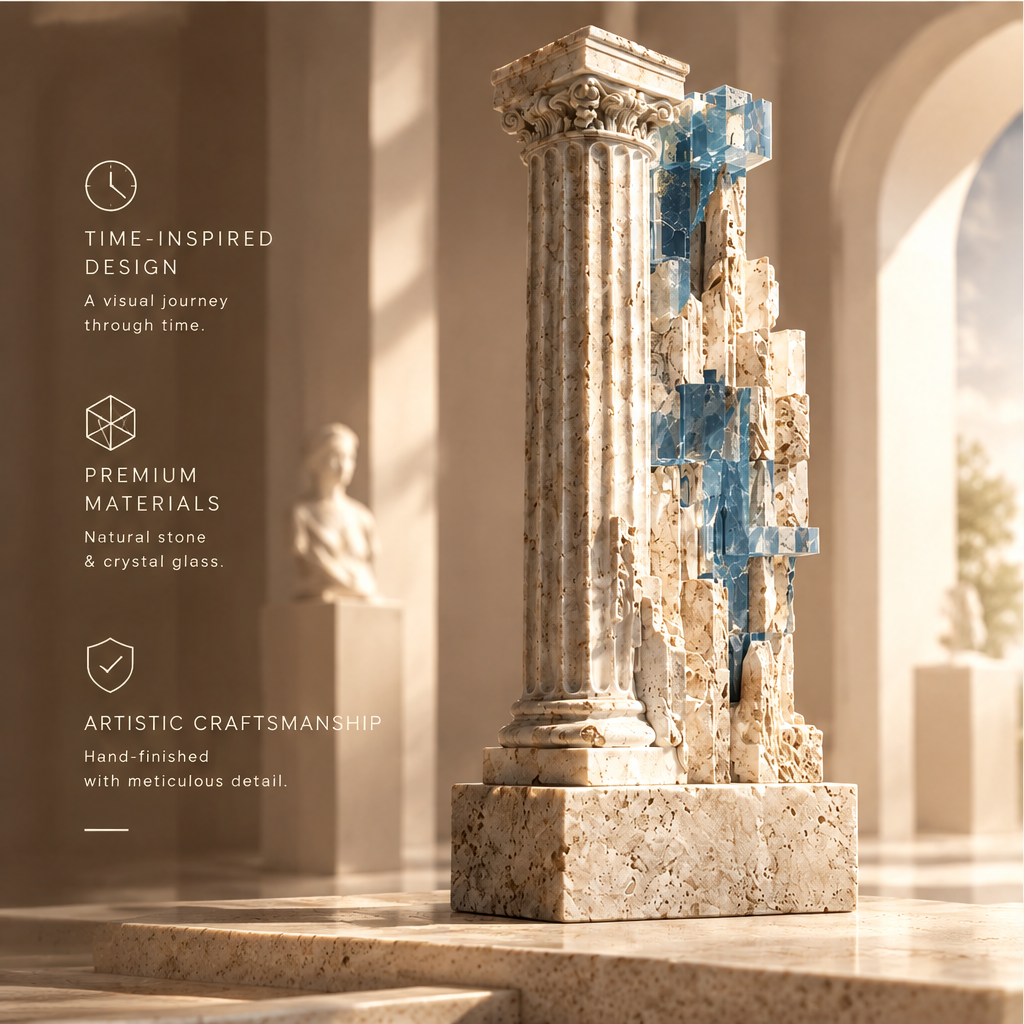 TIME-INSPIRED DESIGN (A visual journey through time) / PREMIUM MATERIALS (Natural stone & crystal glass) / ARTISTIC CRAFTSMANSHIP (Hand-finished with meticulous detail). Full product in arched gallery with classical bust in background