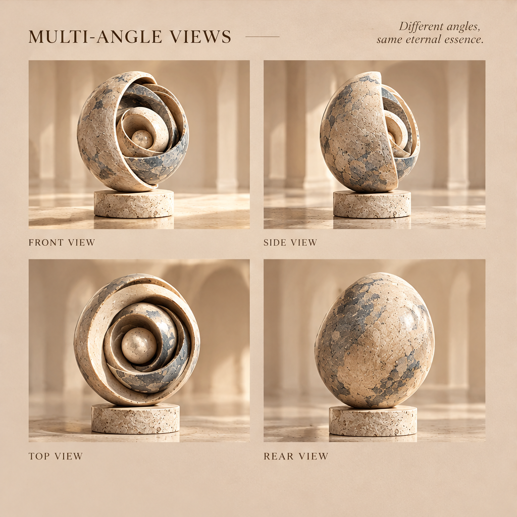 NATURE’S TIME CAPSULE – Carved by Nature, Crafted by Hand. Each layer tells a story. A journey of time, layer upon layer, from the infinite universe to the intimate self. Extreme close-up macro of three concentric travertine and blue-grey marble spiral shell layers converging on polished marble centre sphere in warm raking sidelight