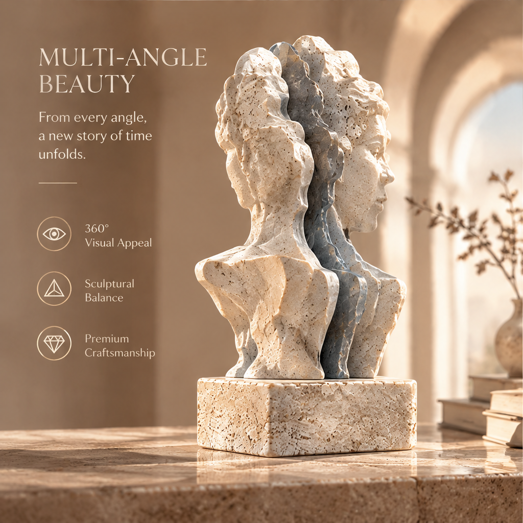 MULTI-ANGLE BEAUTY – From every angle, a new story of time unfolds. 360° Visual Appeal, Sculptural Balance, Premium Craftsmanship. Back-angle view in warm arched interior with botanical vase