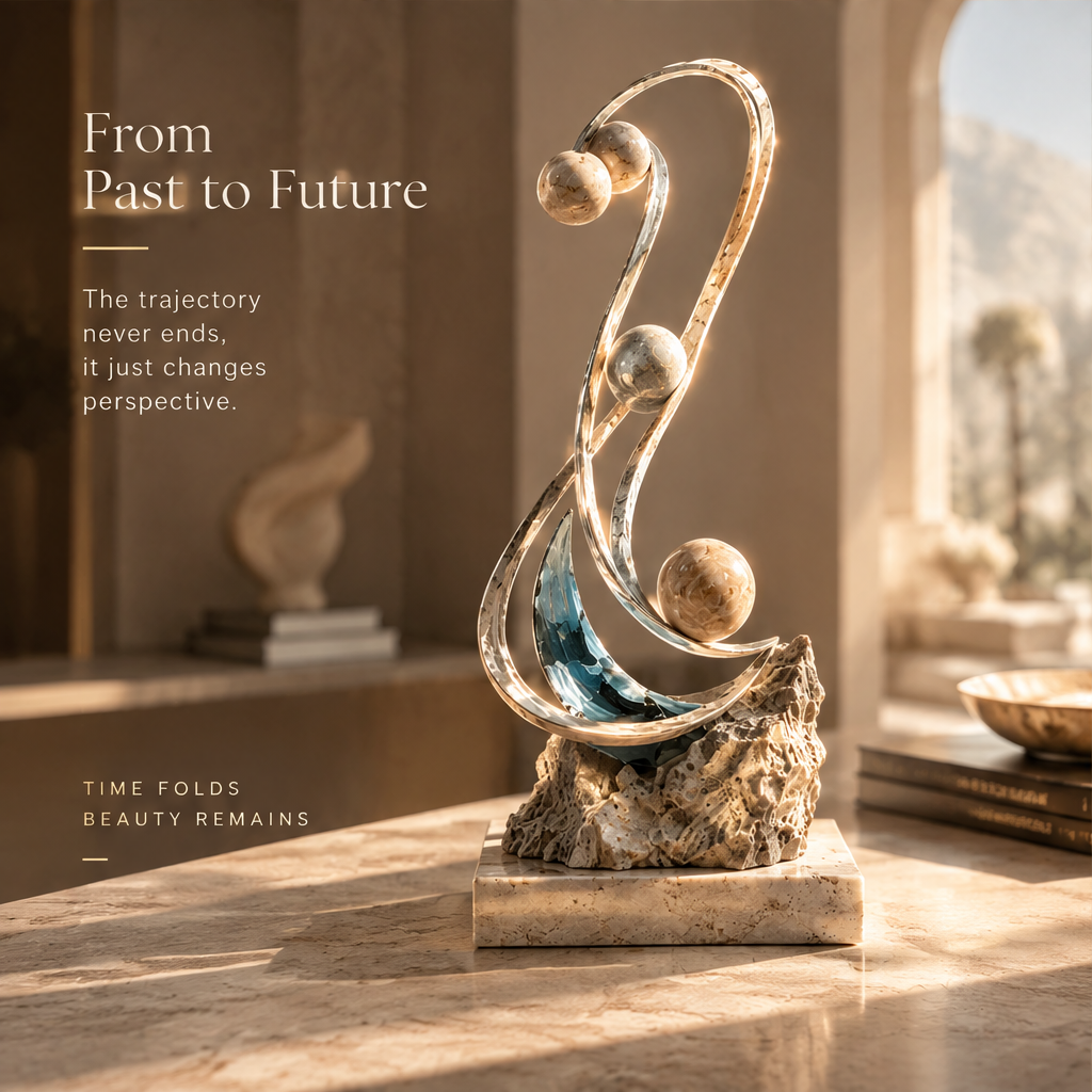 FROM PAST TO FUTURE – The trajectory never ends, it just changes perspective. Time Folds Beauty Remains. Styled on marble console with books and decorative bowl in warm arched interior