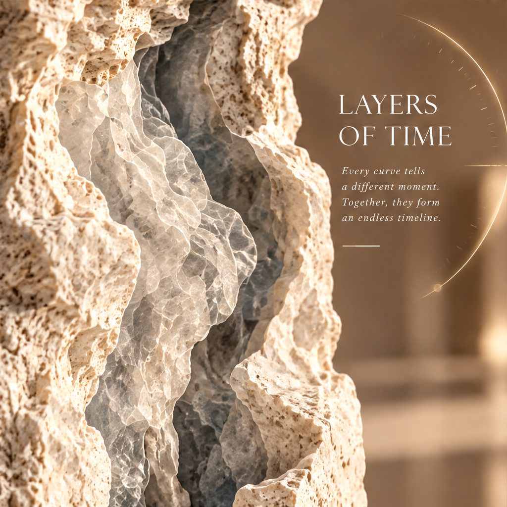 A TIMELESS ART PIECE – Different angles. The same timeless story. A finite form, an infinite time. Four views of Continuous Transformation Stele: Front, Left, Back, Right. All on rectangular travertine plinth in warm golden studio light with golden compass arc