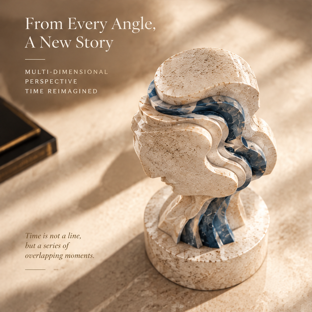 FROM EVERY ANGLE, A NEW STORY – Multi-Dimensional Perspective, Time Reimagined. Time is not a line, but a series of overlapping moments. Top-angle view with dark leather book on warm travertine surface in raking sunlight