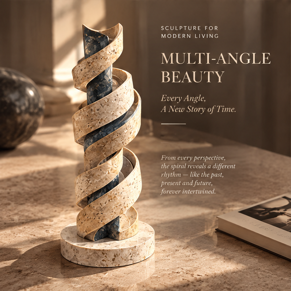 The Rewind Column sculpture – cream terrazzo ribbon spiraling in six helical rotations around a deep blue-grey speckled marble core column on wide flat terrazzo disc base, full product front view in bright arched gallery with warm dappled sunlight