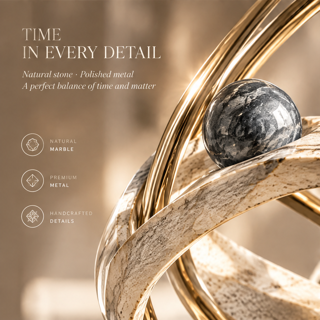 TIME IN EVERY DETAIL – Natural stone, Polished metal. A perfect balance of time and matter. Natural Marble, Premium Metal, Handcrafted Details icons. Extreme close-up macro of dark grey star-veined polished marble sphere resting at intersection of cream travertine-veined marble ring and slender gold brass wire rings in warm raking sidelight