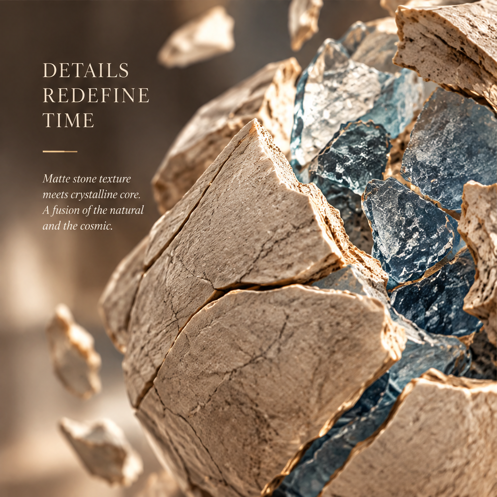TIME IN MOTION – Broken Form Infinite Possibilities, stone sphere with fragments and gold orbital ring, every fragment holds a trace of time