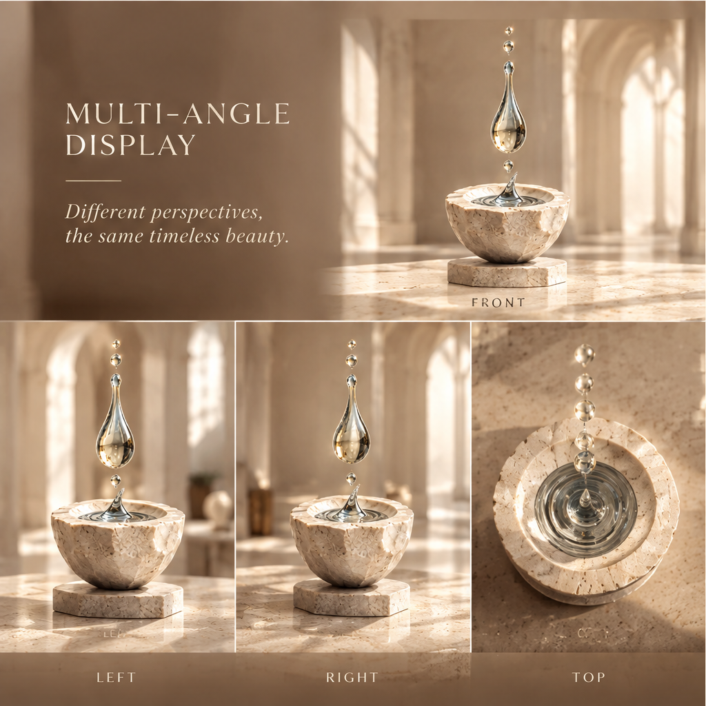 TIME IN A DROP – The universe moves. So does time. An Art Piece For A More Beautiful Tomorrow. Crystal drop with golden orbital ring in warm arched interior setting