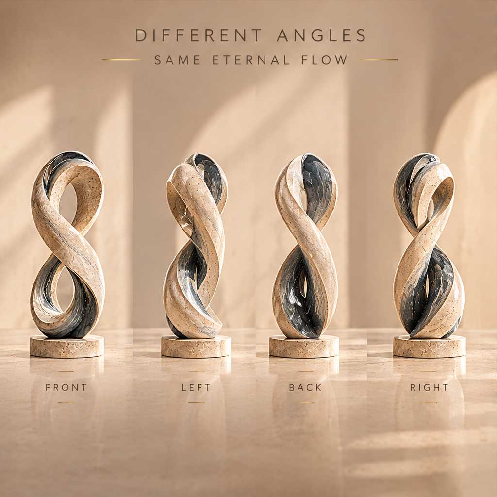 TIME AS ART – Infinite Loop (The end connects the beginning.), Flowing Lines (Capturing the rhythm of time.), Natural Stone (Timeless elegance, enduring beauty.). Extreme close-up macro of warm travertine exterior and blue-grey marble interior ribbon surface in warm raking sidelight