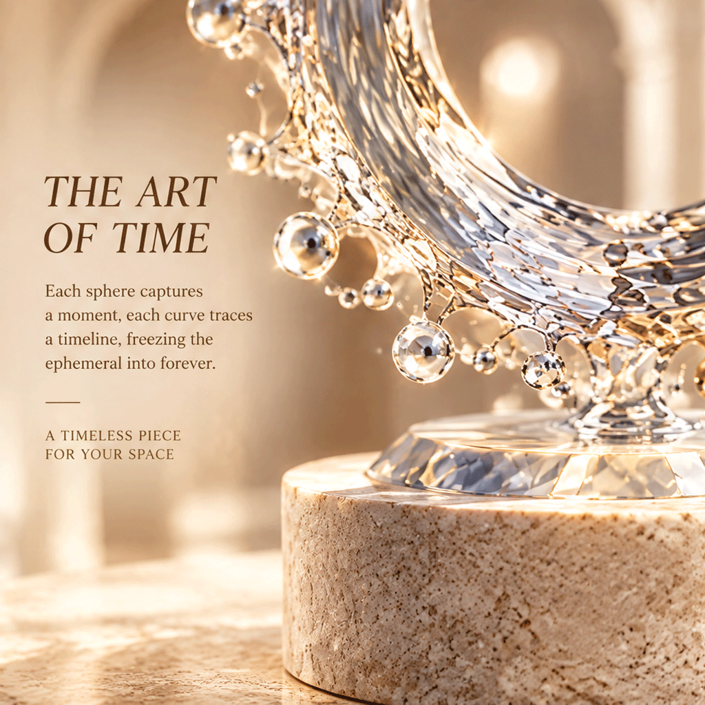 FROZEN RING – Time In A Moment, A Sculpture That Freezes The Flow Of Time, styled on marble surface in arched corridor setting