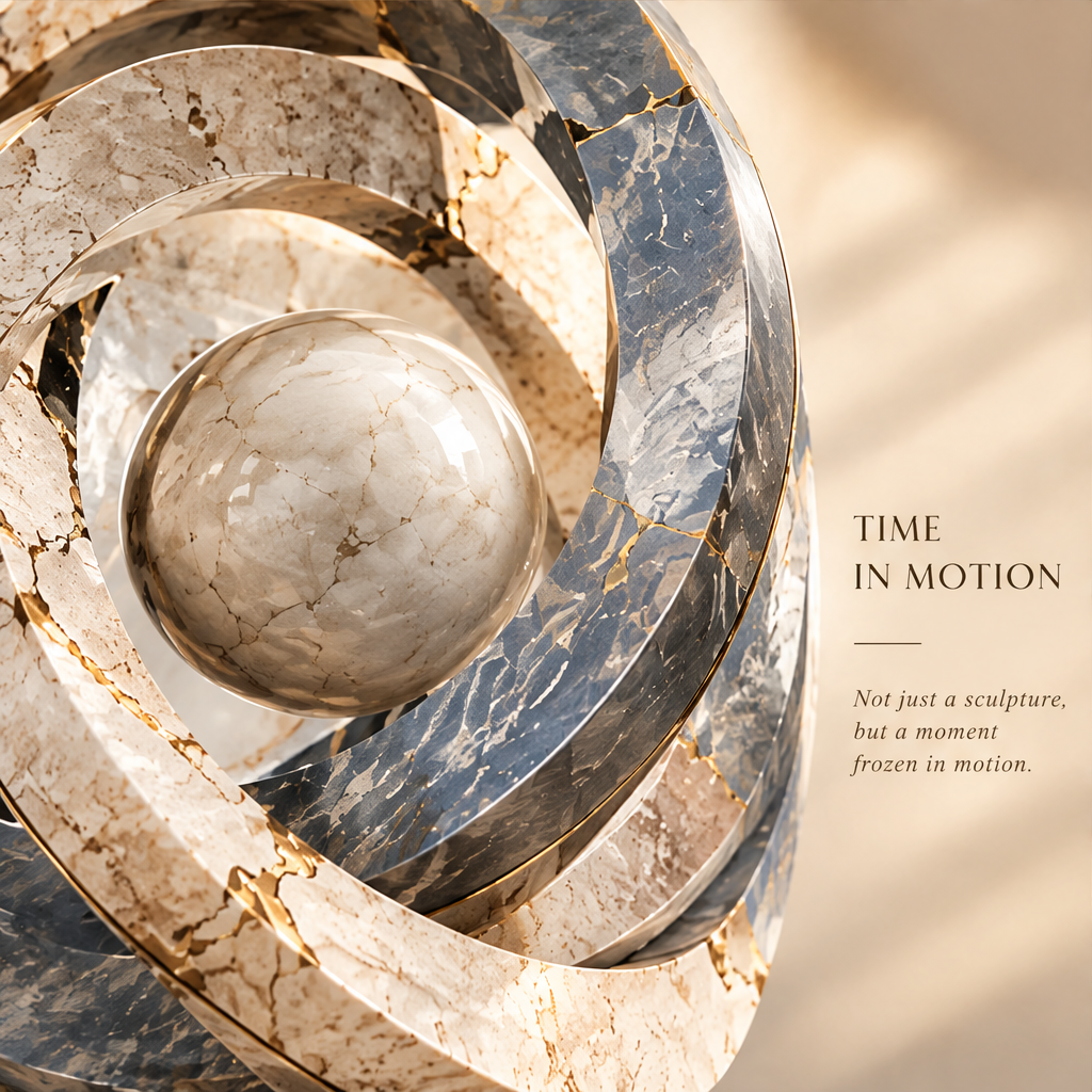 TIME IN MOTION – Not just a sculpture, but a moment frozen in motion. Extreme close-up macro of central marble sphere and interleaved warm travertine and blue-grey marble rings with gold veining in warm raking sunlight