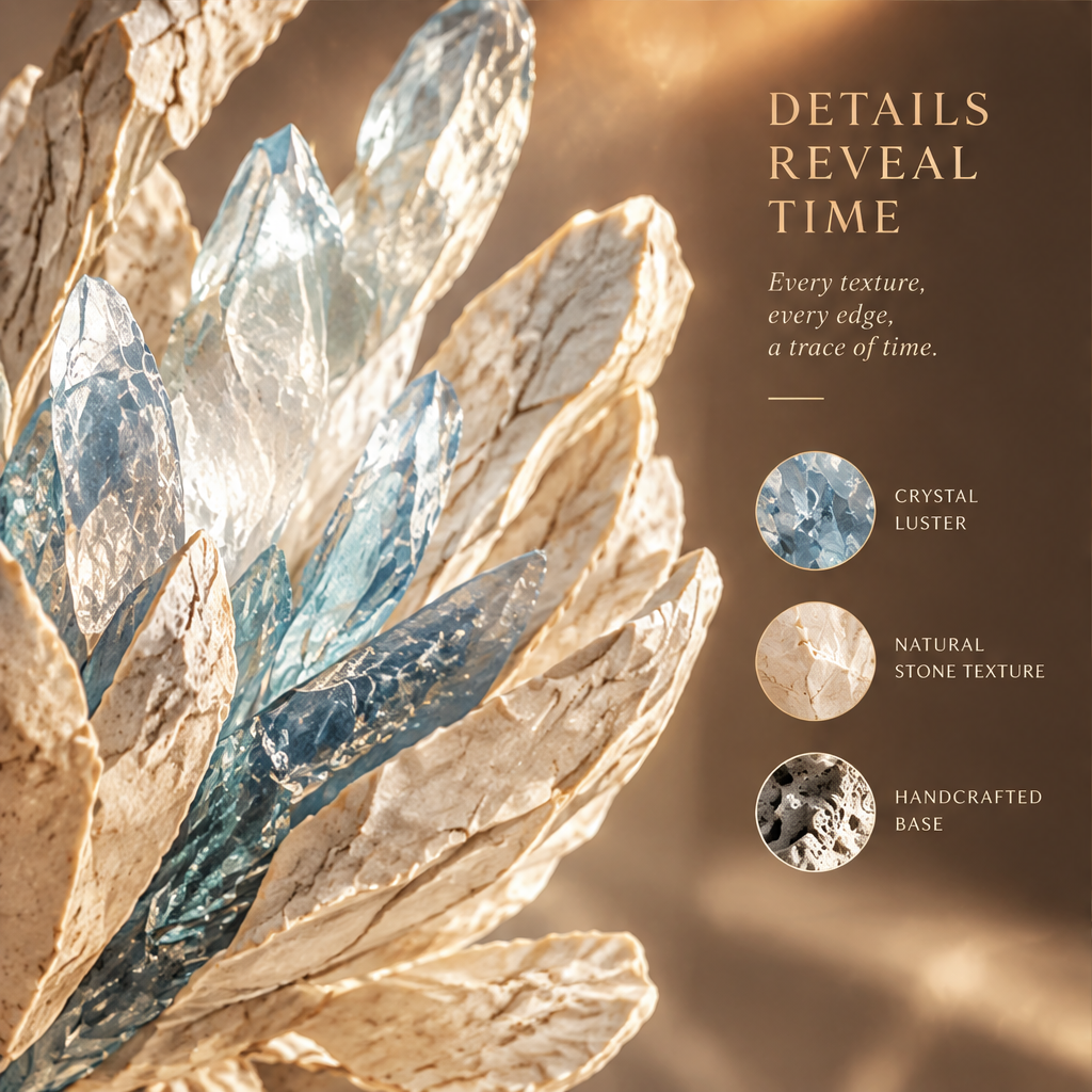 DETAILS REVEAL TIME – Every texture, every edge, a trace of time. Crystal Luster, Natural Stone Texture, Handcrafted Base. Close-up macro of blue crystal and stone petals in directional warm light