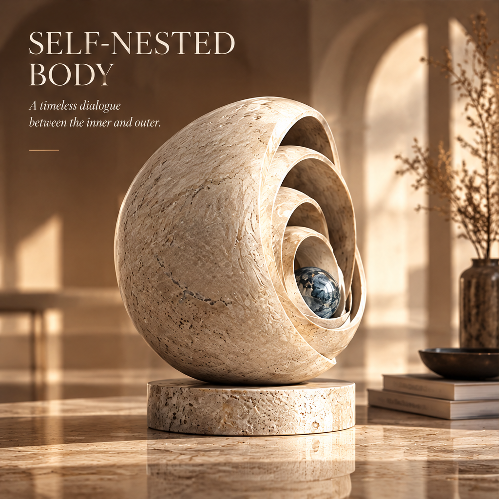 SELF-NESTED BODY – A timeless dialogue between the inner and outer. Styled on marble console table with art books and dark brass bowl in warm arched interior with dried botanical arrangement and afternoon window light