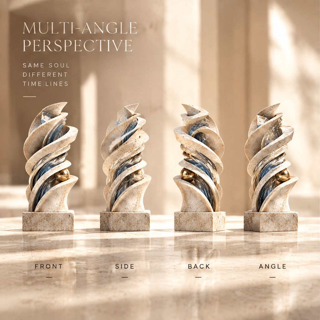 MULTI-ANGLE PERSPECTIVE – Same Soul Different Time Lines. Four views of Delayed Curve sculpture: Front, Side, Back, Angle. All showing spiral travertine blades with crystal glass and gold sphere on travertine plinth in warm dappled sunlight