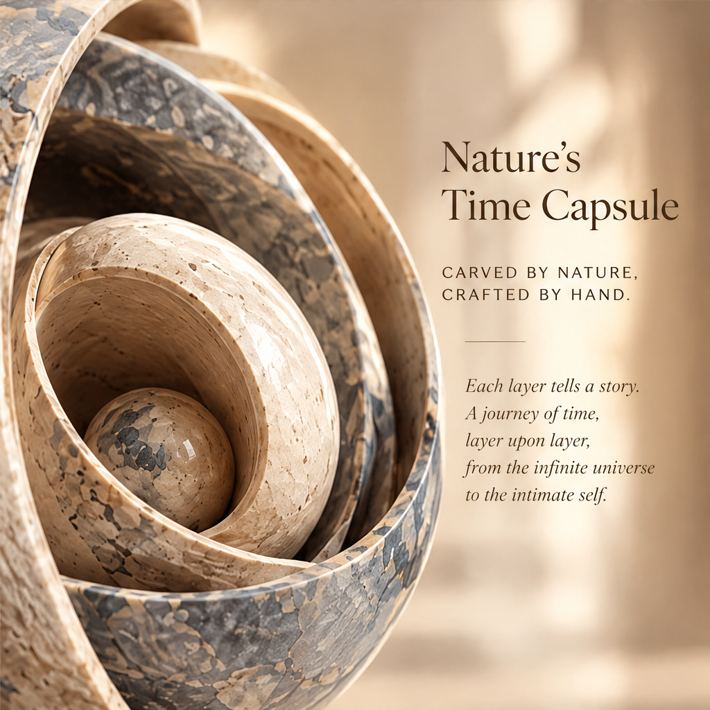 Inner-Outer Cycle Shell sculpture – warm cream travertine and blue-grey marble egg-shaped sphere carved open in three descending spiral layers converging on a polished marble sphere at centre, on wide flat travertine disc base, full product three-quarter view in bright classical arched gallery with warm dappled sunlight