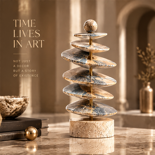 Cycle Layered Body sculpture – eight elliptical blue-grey and cream marble discs of graduated size rotated on a polished brass axis column on wide travertine disc base, crowned by a large crackle-veined marble sphere, full product front view in bright arched gallery with warm dappled sunlight