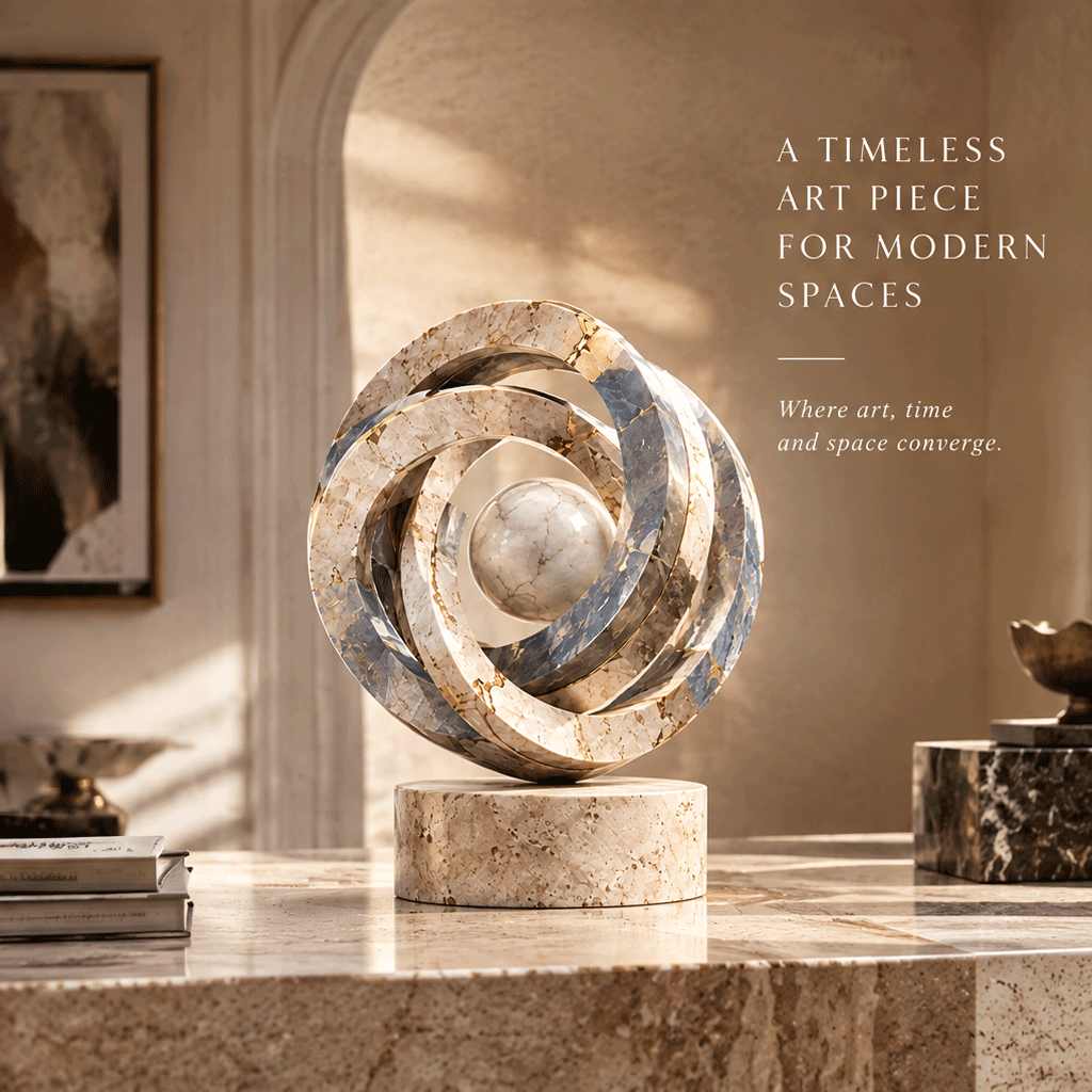 The Multi-Temporal Ring sculpture – five interlocking concentric marble arcs in alternating warm travertine and blue-grey marble with gold veining, central marble sphere, on cylindrical travertine plinth, full product front view in bright arched gallery with warm dappled sunlight