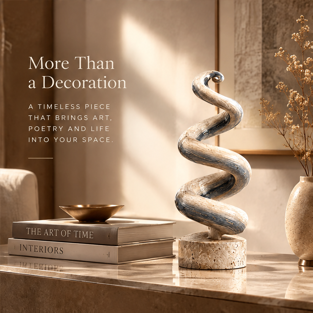 The Endless Spiral sculpture – warm cream travertine and blue-grey marble veined round-section ribbon sweeping in five S-curve oscillations and curling at crown, on wide flat travertine disc base, full product front view in bright classical arched gallery with warm dappled sunlight