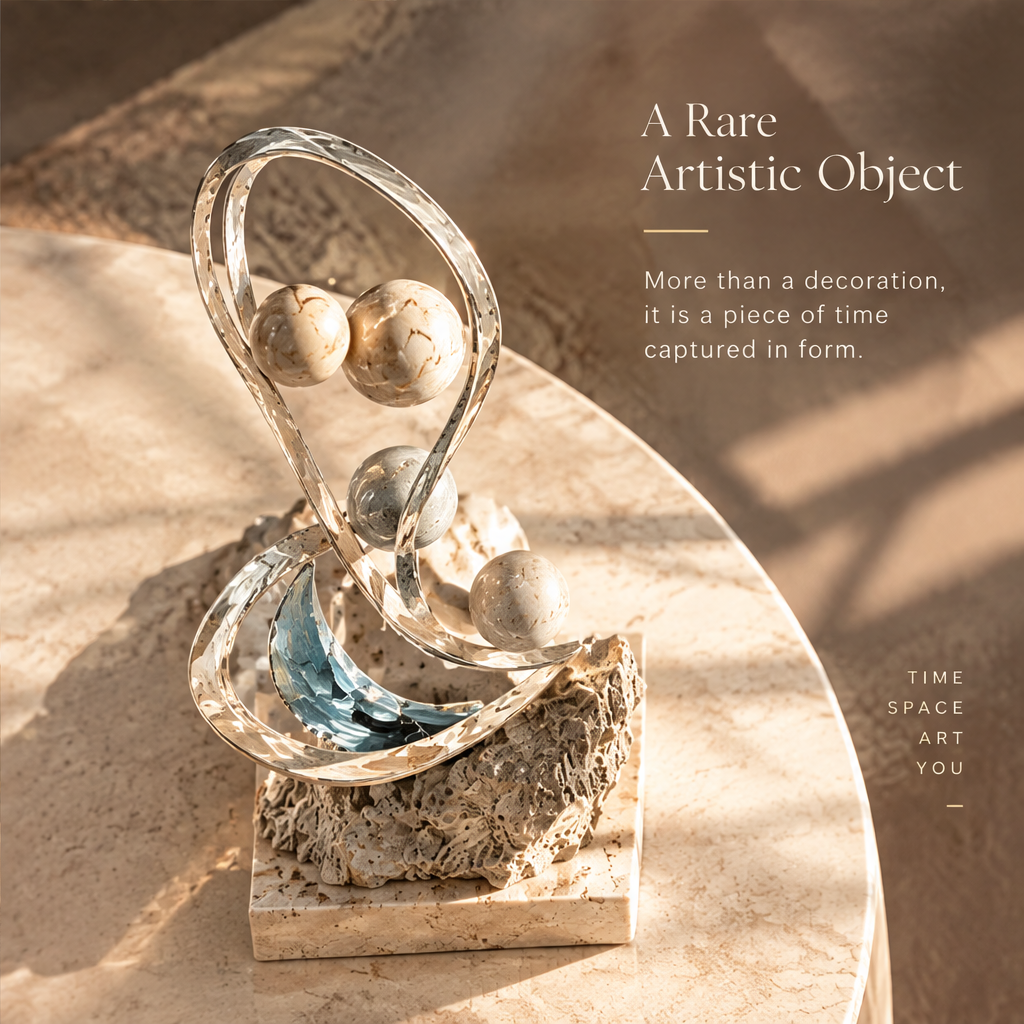 A RARE ARTISTIC OBJECT – More than a decoration, it is a piece of time captured in form. Time · Space · Art · You. Top-angle view of Foldback Trajectory on round travertine side table with dappled sunlight