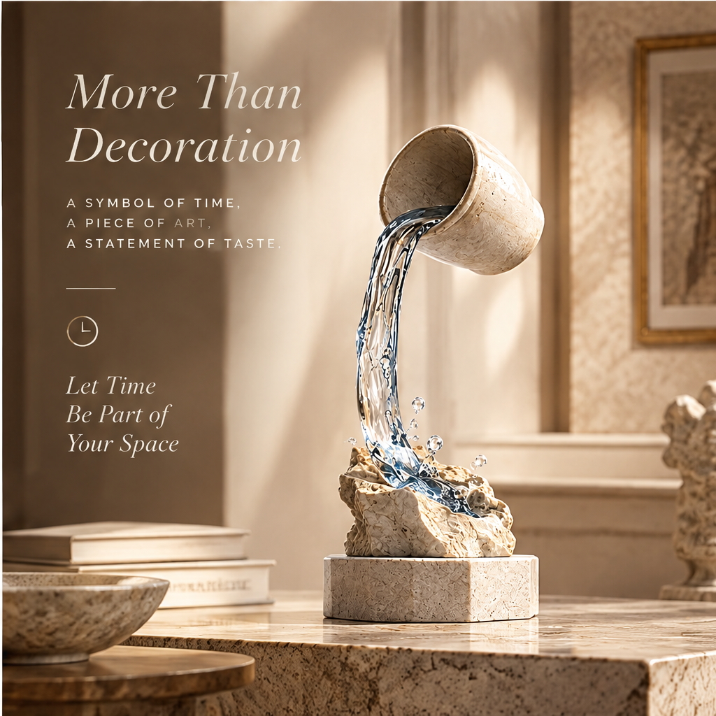 DIFFERENT ANGLES, THE SAME MOMENT – A Timeless Piece For Your Space. Four views: Front, Side, Back, Top of The Spill That Never Falls sculpture