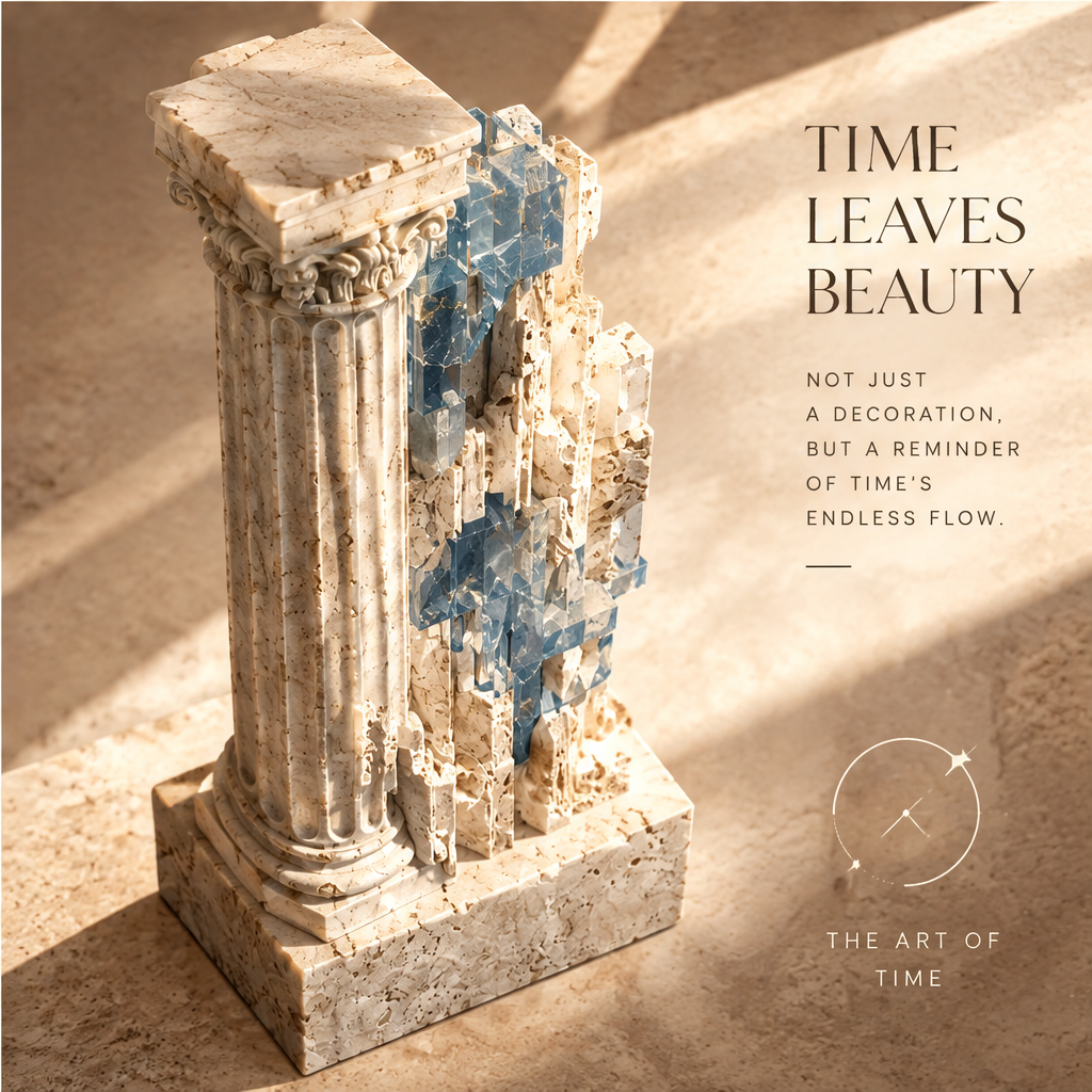 TIME LEAVES BEAUTY – Not just a decoration, but a reminder of time’s endless flow. The Art of Time. Three-quarter view of The Shadow Column in raking sunlight on warm travertine floor
