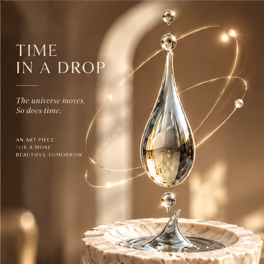 MULTI-ANGLE DISPLAY – Different perspectives, the same timeless beauty. Front, Left, Right, and Top views of The Suspended Drop sculpture on travertine base