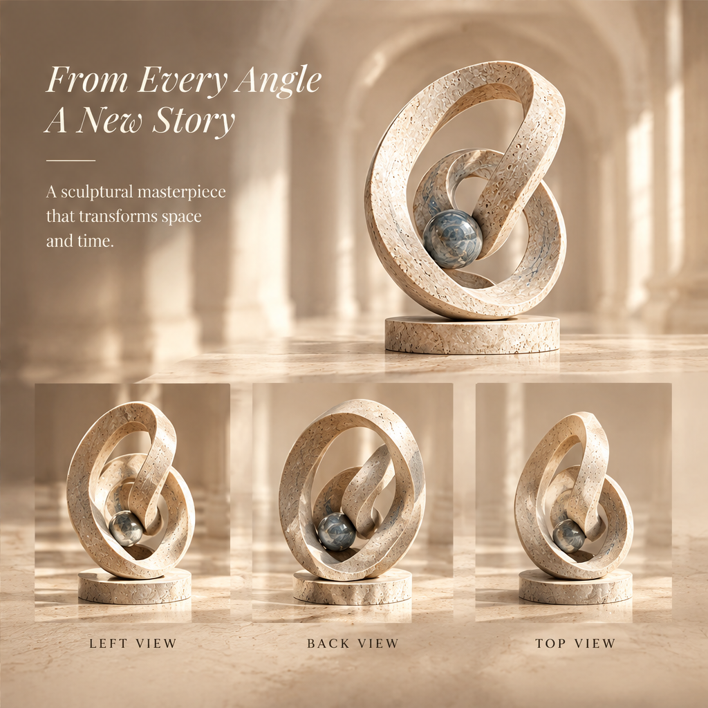 Infinite Return Ring sculpture – two interlocking warm travertine arcs of different radii cradling a polished blue-grey marble sphere at centre, on wide flat disc travertine base, full product view in bright arched gallery with warm dappled sunlight
