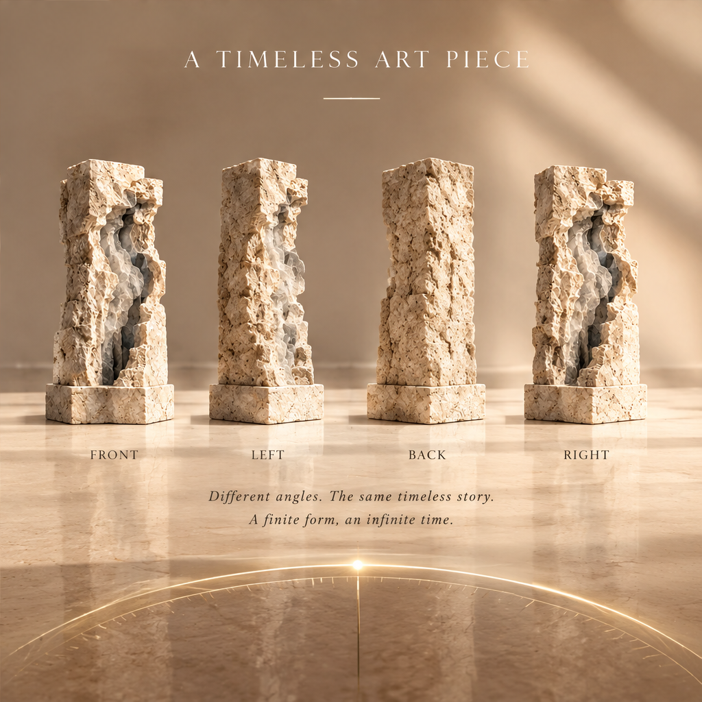 LAYERS OF TIME – Every curve tells a different moment. Together, they form an endless timeline. Extreme close-up macro of rough travertine surface and luminous translucent white crystal inlay channel in warm raking light
