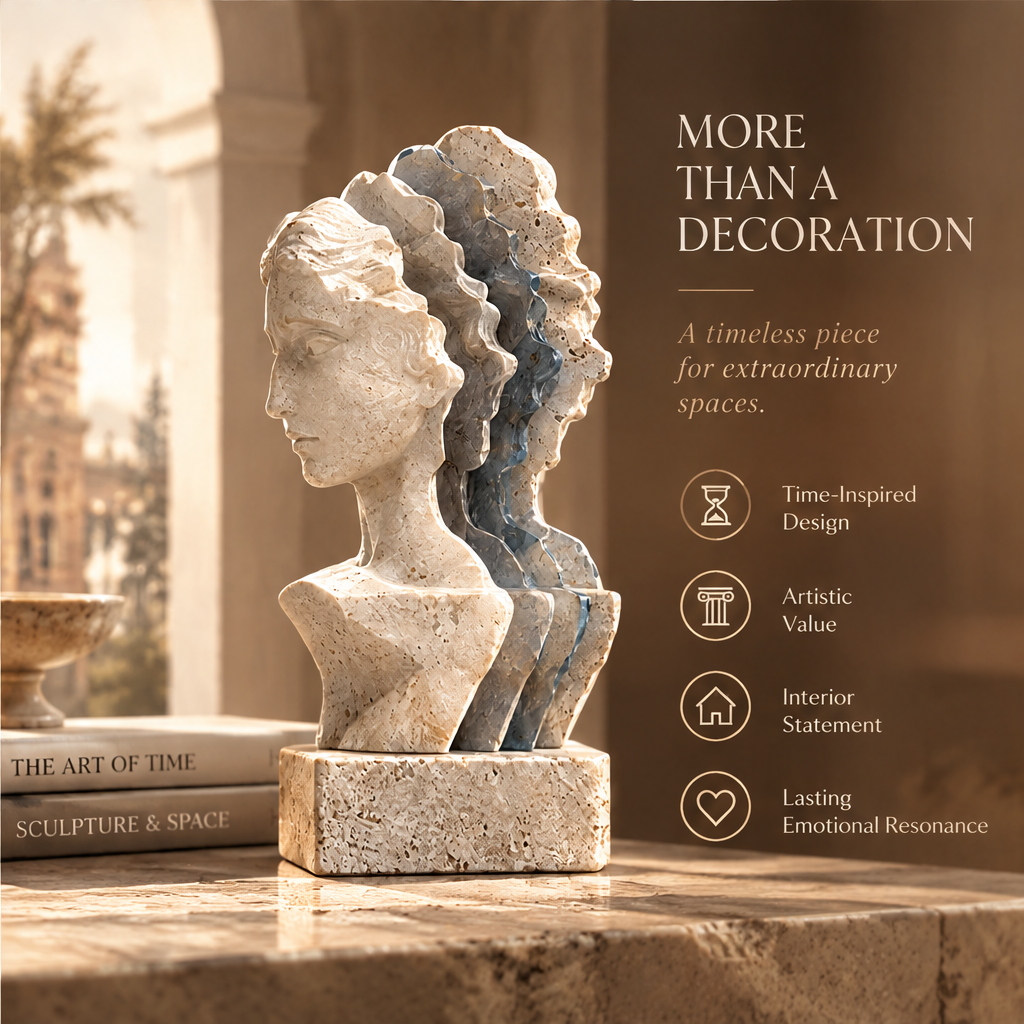 MORE THAN A DECORATION – A timeless piece for extraordinary spaces. Time-Inspired Design, Artistic Value, Interior Statement, Lasting Emotional Resonance. Three-quarter front view styled with art books (The Art of Time, Sculpture & Space) on marble ledge