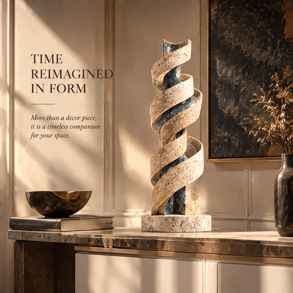 TIME REIMAGINED IN FORM – More than a decor piece, it is a timeless companion for your space. Styled on gold-trimmed marble console table with dark brass bowl and art books in warm luxury interior with abstract dark painting and dried botanical vase in afternoon light