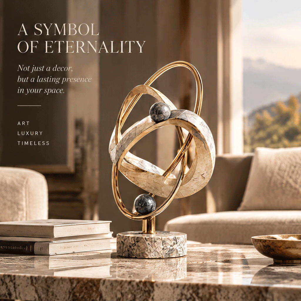 Eternal Trajectory sculpture – two wide cream travertine-veined marble rings at opposing orbital angles encircled by two slender gold brass wire rings with dark grey star-veined marble spheres at upper and lower intersections, on cylindrical grey travertine disc base, full product three-quarter view in bright classical arched gallery with warm dappled sunlight