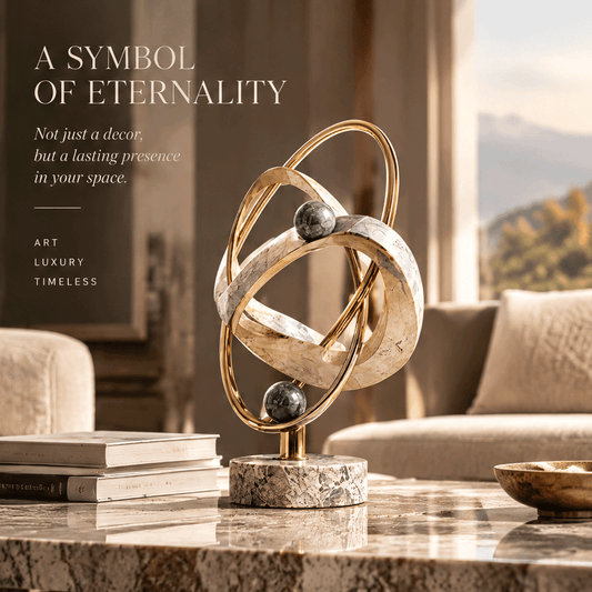 Eternal Trajectory sculpture – two wide cream travertine-veined marble rings at opposing orbital angles encircled by two slender gold brass wire rings with dark grey star-veined marble spheres at upper and lower intersections, on cylindrical grey travertine disc base, full product three-quarter view in bright classical arched gallery with warm dappled sunlight
