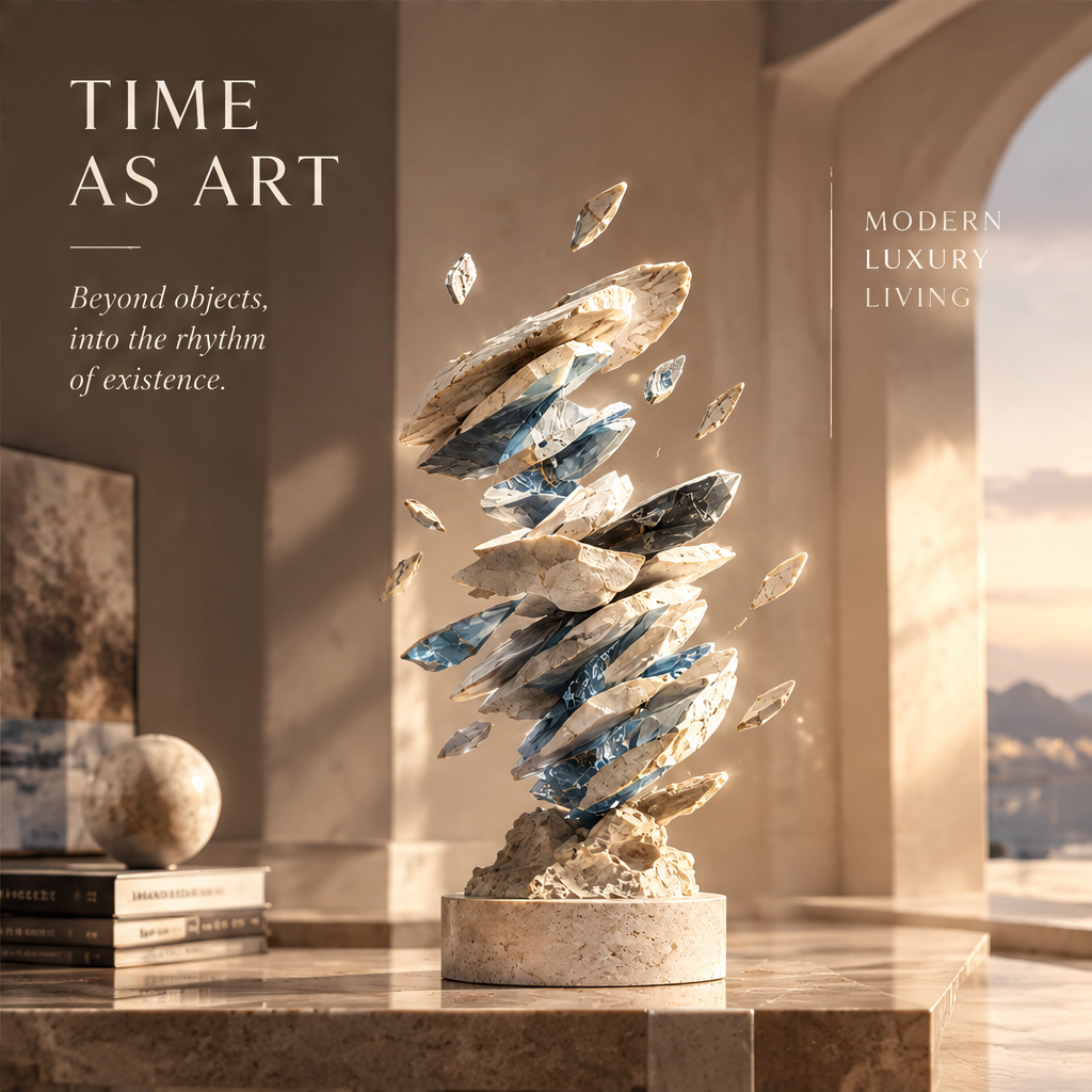 TIME AS ART – Beyond objects, into the rhythm of existence. Modern Luxury Living. Styled on marble console with art books and globe in luxury interior with arched window