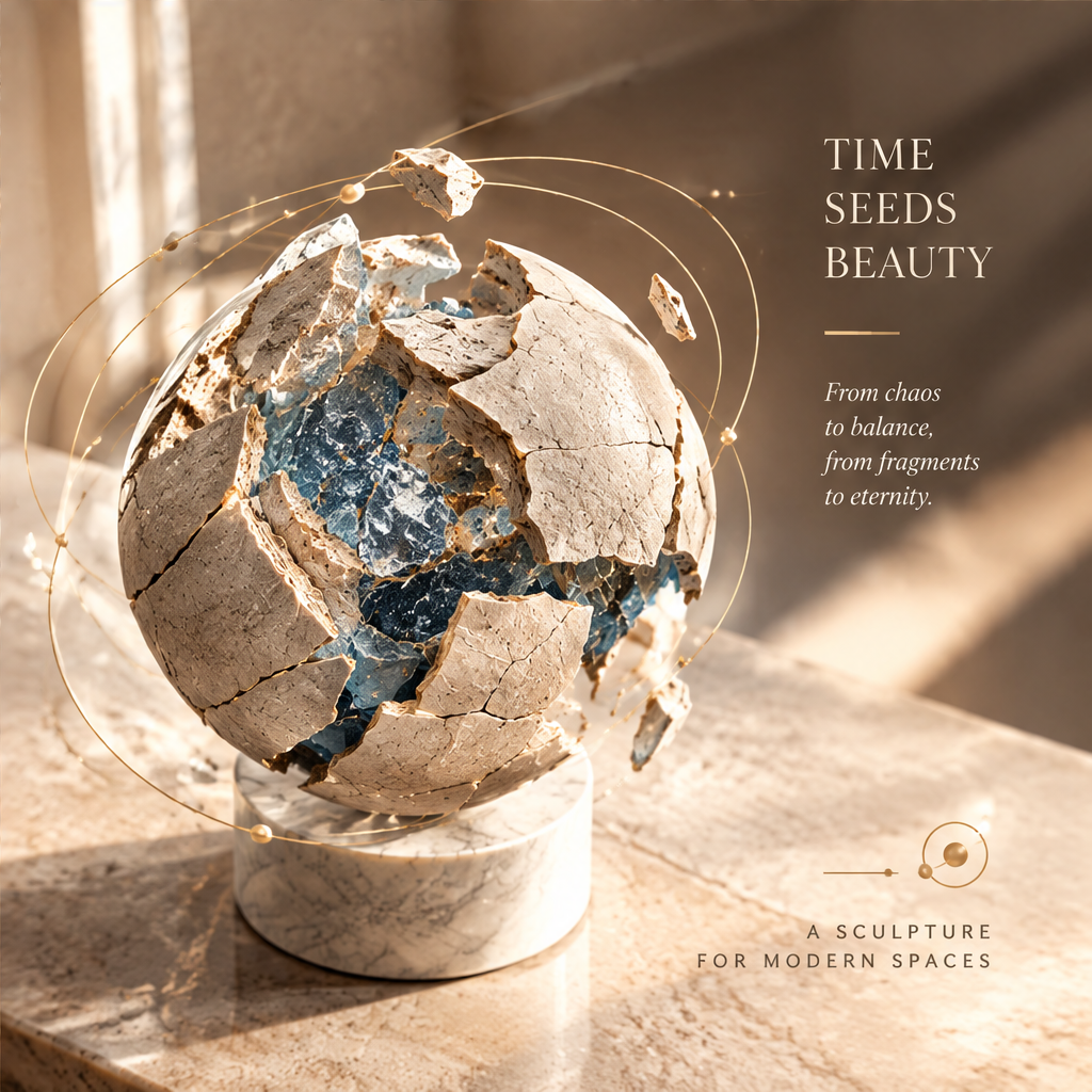 Fractured Still Sphere – A Piece of Time in Stillness, full product view showing Time Theme, Unique Design, Premium Craftsmanship and Art For A Higher Life on warm arched background